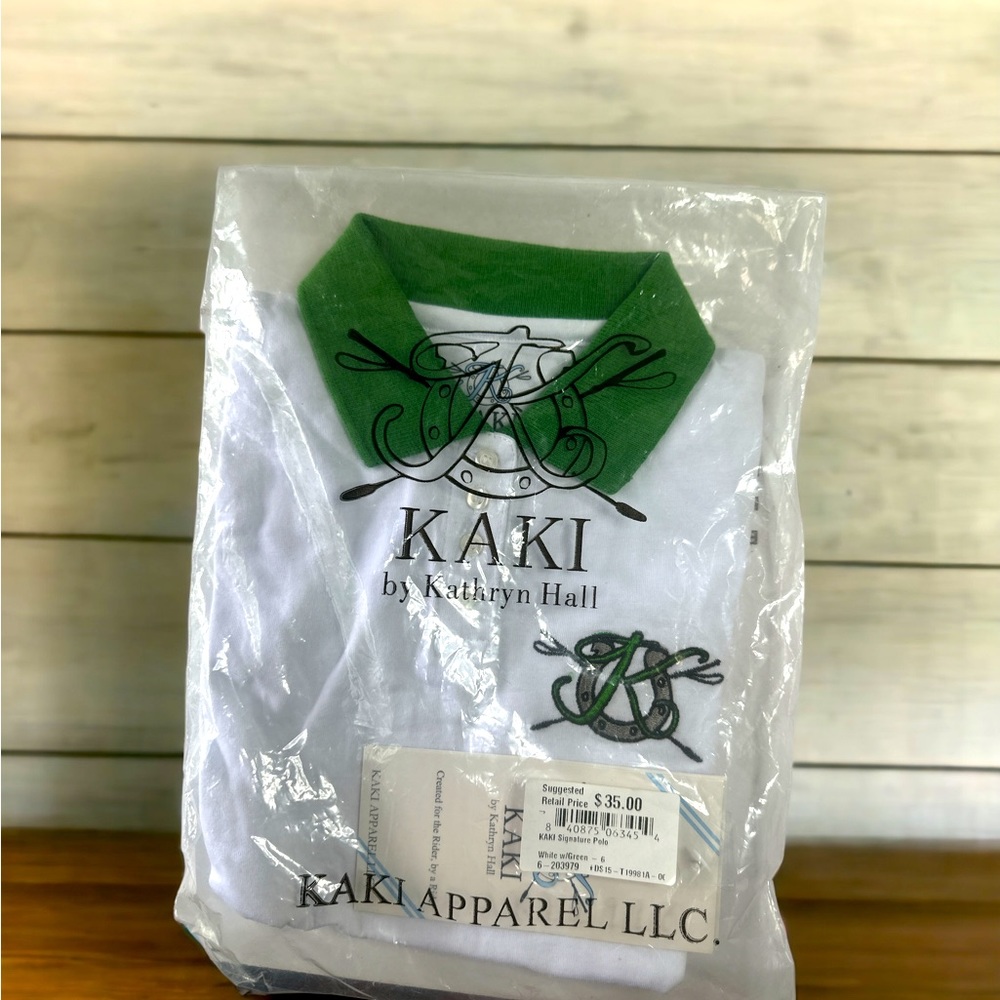 NWT Equestrian girls Kaki Signature Polo SZ 6 white with green